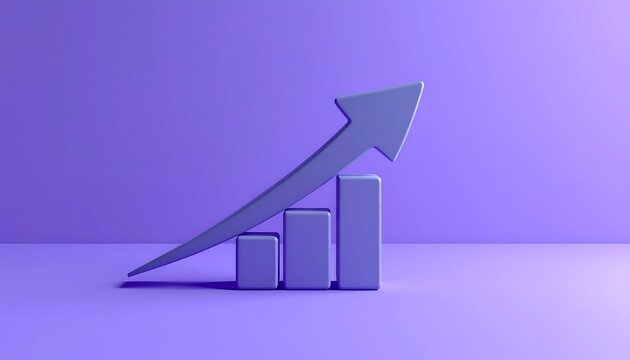 A stylized 3D rendered illustration of a rising bar graph with a curved arrow, set against a solid violet background - Powered by Adobe