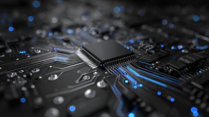 Close-Up View of a Computer Chip on a Circuit Board with Blue Lights Illuminating the Background