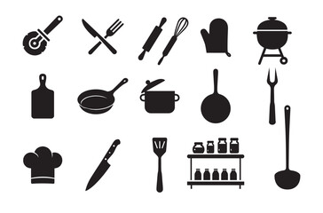 Collection of silhouette kitchen utensils and cooking equipment icons