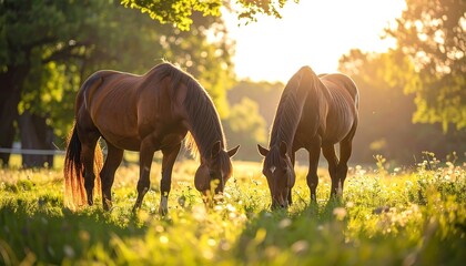 Two brown horses graze peacefully in a sun-drenched meadow filled with green grass and wildflowers