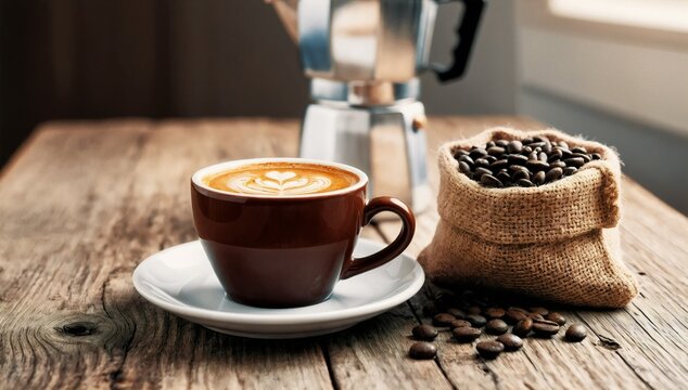 A cozy coffee moment with latte art, burlap beans, and a classic moka pot on a wooden table bathed in warm light.