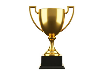 Fototapeta premium Golden trophy cup award on a black stand shining brightly isolated