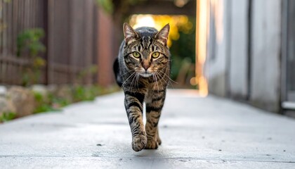 Tabby cat with striking yellow eyes walks with purposeful stride along a light-colored path surrounded by foliage