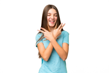 Teenager girl over isolated chroma key background smiling and showing victory sign