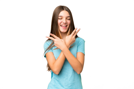 Teenager girl over isolated chroma key background smiling and showing victory sign