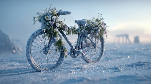 snow-covered bicycle decorated with garlands,