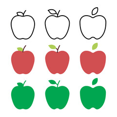 A vibrant set of apple icons featuring fresh, healthy, red and green fruits with leaf details, perfect as a sweet vector illustration for food and diet design