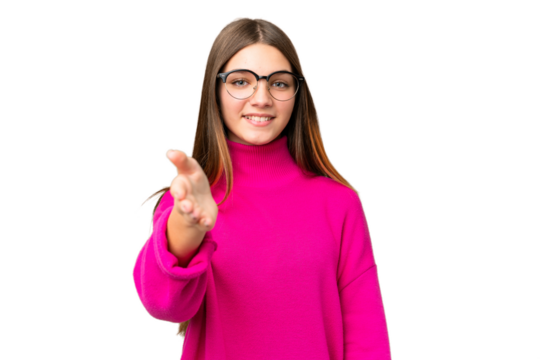 Teenager girl over isolated chroma key background shaking hands for closing a good deal