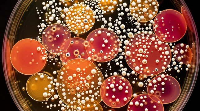 Top-down laboratory view of a petri dish with nutrient agar, displaying multiple distinct circular bacterial colonies in white, yellow, and red, used for microbiology research and diagnostics.
