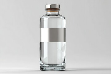 Clear glass bottle filled with liquid and silver label on neutral background. Perfect for cosmetic, pharmaceutical, or beverage product mockup design.
