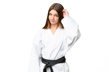 Teenager girl doing karate over isolated chroma key background having doubts