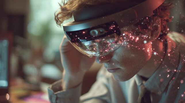 Young man using augmented reality headset in creative workspace, exploring futuristic technology and digital concepts