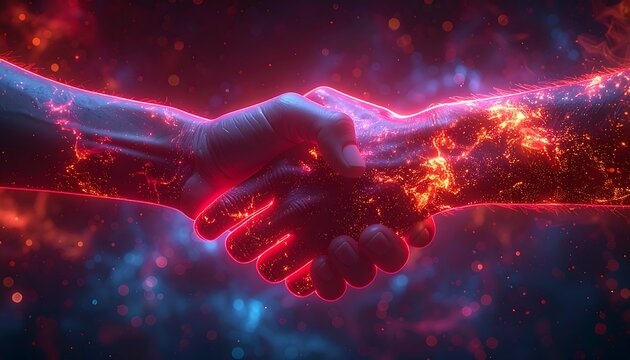 Two hands meet, a fiery handshake in red and orange, glowing with light and sparks
