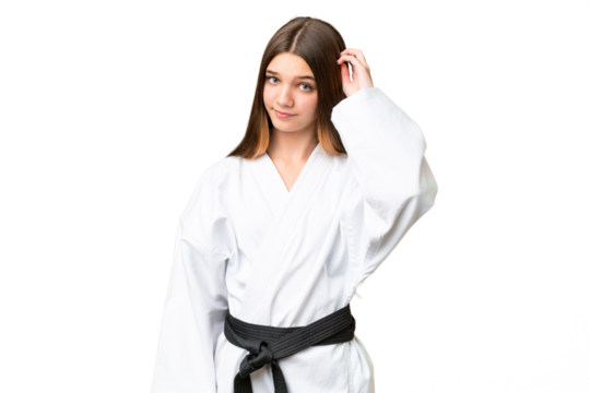 Teenager girl doing karate over isolated chroma key background having doubts