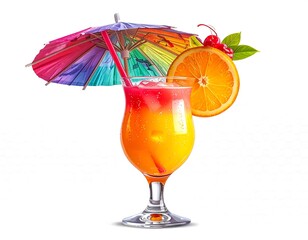 A vibrant, colorful layered cocktail in a stemmed glass with a decorative umbrella, orange slice, and cherries on a white backdrop