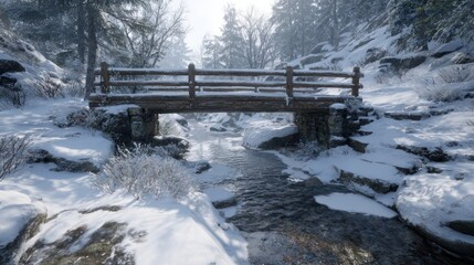 snow-covered bridge across frozen stream,