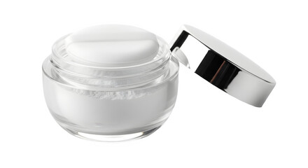 White loose setting powder in clear cosmetic jar with silver chrome lid and puff. isolated PNG with Transparent Background