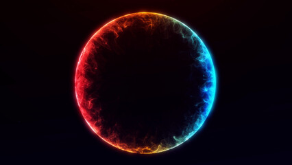 Glowing circular gradient of blue, red, and orange colors forming a vibrant abstract ring of plasma energy on a dark background. © Vooper
