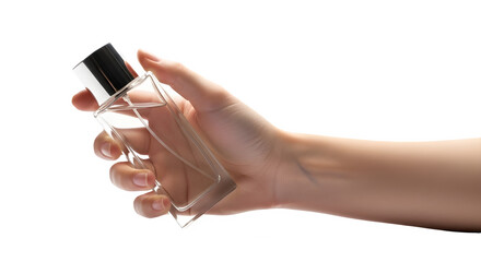 Woman's hand holding an empty glass cologne or perfume bottle for beauty product mockup. isolated PNG with Transparent Background