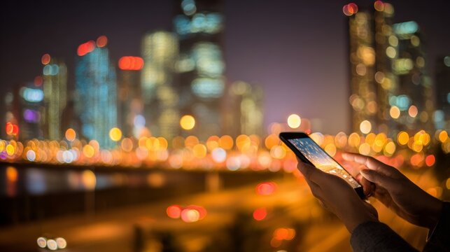 Person using smartphone against blurred city skyline at night with vibrant lights and modern architecture in the background
