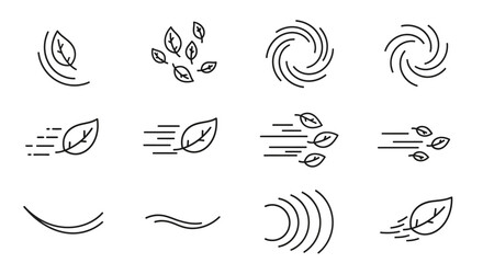 A collection of thin line icons representing wind effects, depicting air currents, gusts, and swirling leaves. Vector symbols for weather and nature concepts