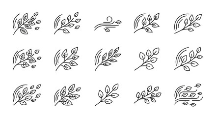 Set of thin line icons depicting tree branches and leaves blowing in the wind, illustrating weather concepts like breezy and windy