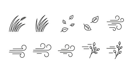 Collection of line art icons depicting wind and nature elements such as leaves and grass