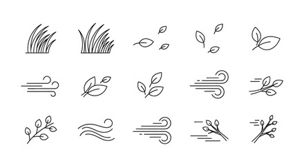 Collection of simple line art icons representing wind, leaves, and grass for seasonal or nature themes