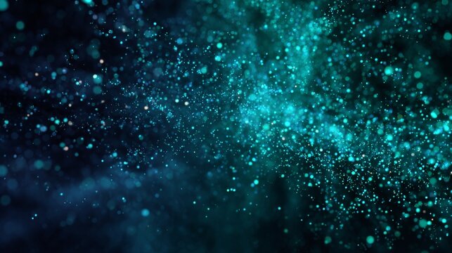 Abstract background of glowing blue particles in dark space with ethereal light effects and shimmering textures