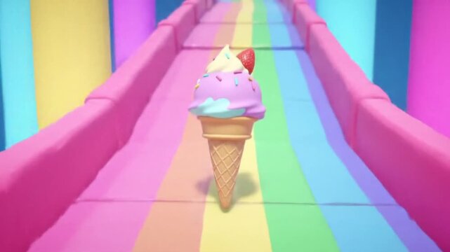 Whimsical Ice Cream Cone Adventure on a Vibrant Rainbow Pathway