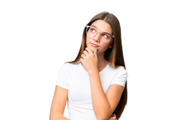 Teenager caucasian girl over isolated background having doubts