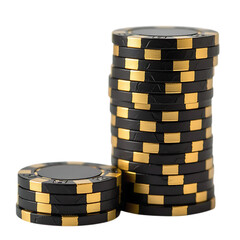 Stacks of black and gold casino poker chips on black background