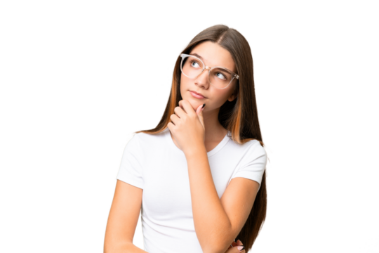 Teenager caucasian girl over isolated background having doubts