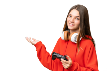 Teenager caucasian girl playing with a video game controller over isolated background extending hands to the side for inviting to come