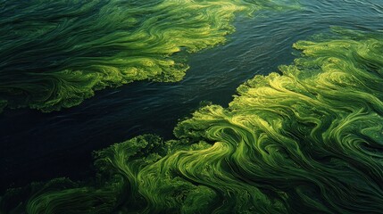 Vibrant green algae blooms form patterns on dark, rippling water surface. Use for environmental science, pollution and climate change projects.