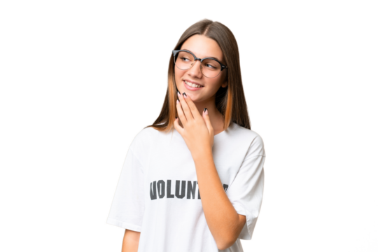 Teenager volunteer caucasian girl over isolated background looking up while smiling - Powered by Adobe