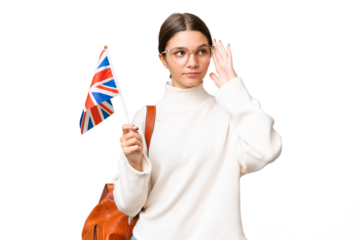 Teenager student caucasian girl holding an United Kingdom flag over isolated background having doubts and thinking
