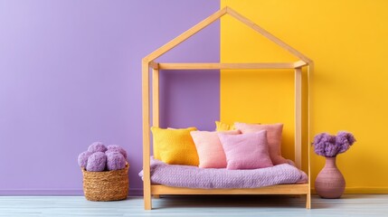 A cheerful children's room showcases bright purple and yellow walls, featuring a cozy bed surrounded by colorful pillows. A playful vase and basket add to the lively atmosphere