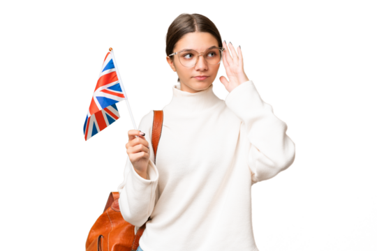 Teenager student caucasian girl holding an United Kingdom flag over isolated background having doubts and thinking