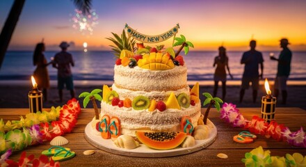 Magical sunset beach celebration cake featuring tiered design with tropical flowers and golden decorations, captured against breathtaking golden hour backdrop with silhouetted guests, creating romanti