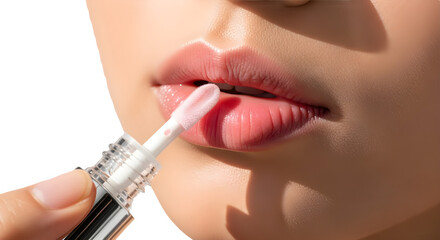 Close up of attractive woman applying shiny moisturizing lip gloss for cosmetic advertising isolated PNG with Transparent Background