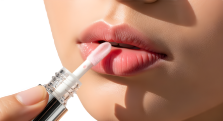 Close up of attractive woman applying shiny moisturizing lip gloss for cosmetic advertising isolated PNG with Transparent Background