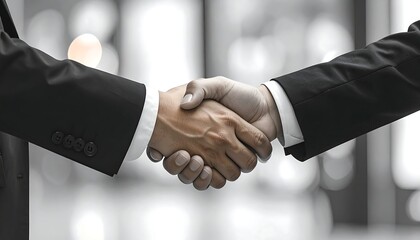 Two suited arms engage in a handshake, grayscale background with blurred bokeh adds depth