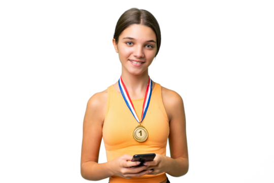 Teenager caucasian girl with medals over isolated background sending a message with the mobile