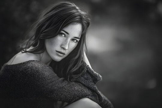 Portrait of a thoughtful young woman with freckles and long hair looking at camera