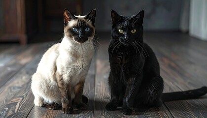 Two cats, a Siamese and a black cat, sit side-by-side on a wooden floor, facing the viewer