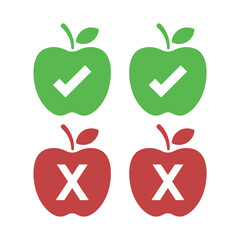 Red and green apple with leaf vector icons and tick and cross buttons for healthy diet choice illustration