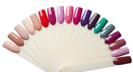 Collection of vibrant gel nail polish color swatches palette for beauty and manicure concept isolated PNG with Transparent Background