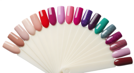 Collection of vibrant gel nail polish color swatches palette for beauty and manicure concept isolated PNG with Transparent Background