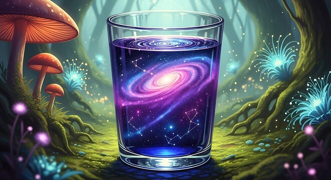 Cosmic concoction in a glass a swirling galaxy beverage with celestial stars and constellations in an enchanted forest setting